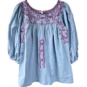 Mi Golondrina Catalina Azul y Purpura Embroidered Blouse Top Blue Womens Size XS